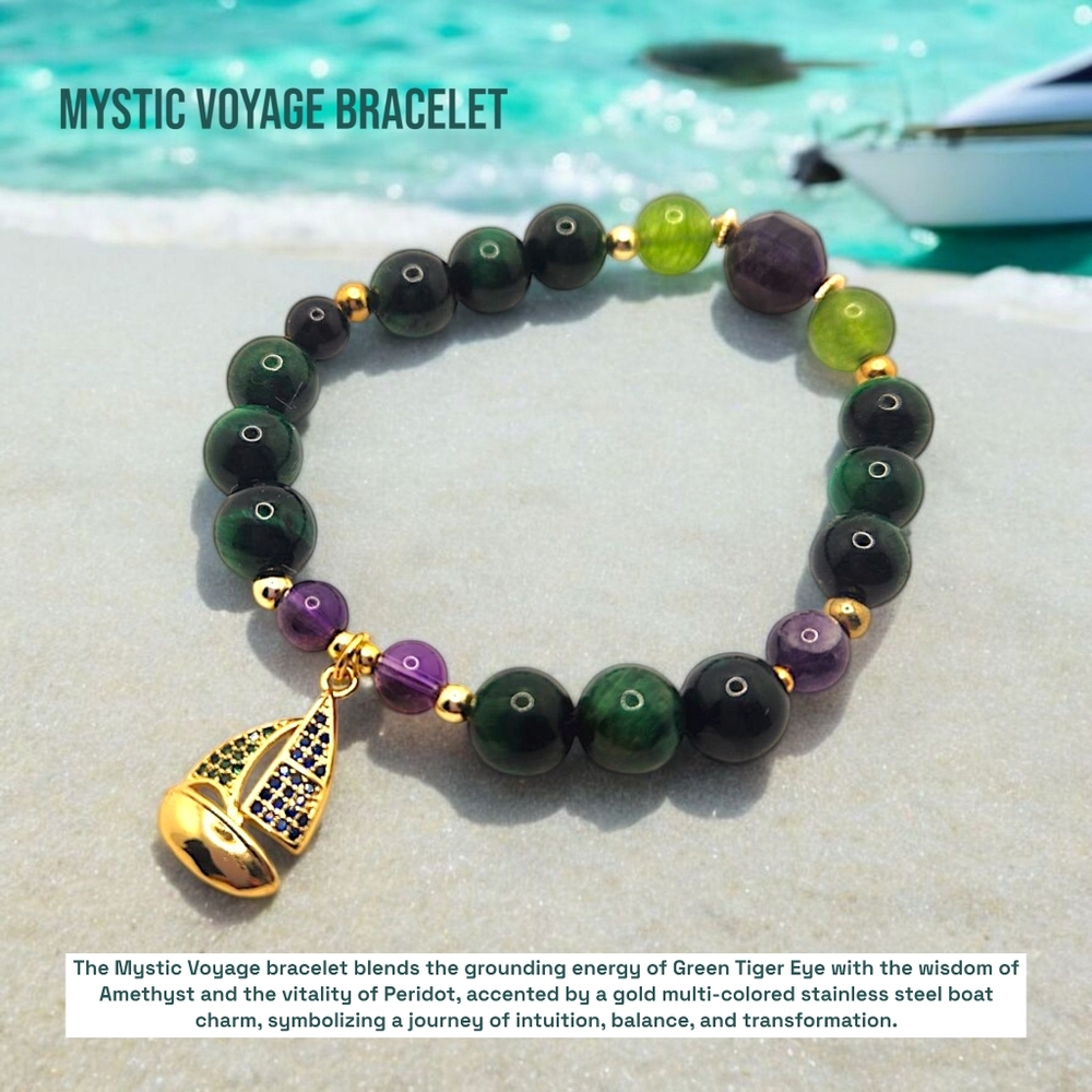 8 mm Green Tiger Eye Boat charm bracelet
